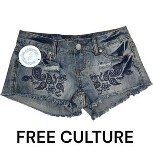 Free Culture Women Denim Shortie Shorts Embroidered Paisley Fringe Hem Blue Sz 3
